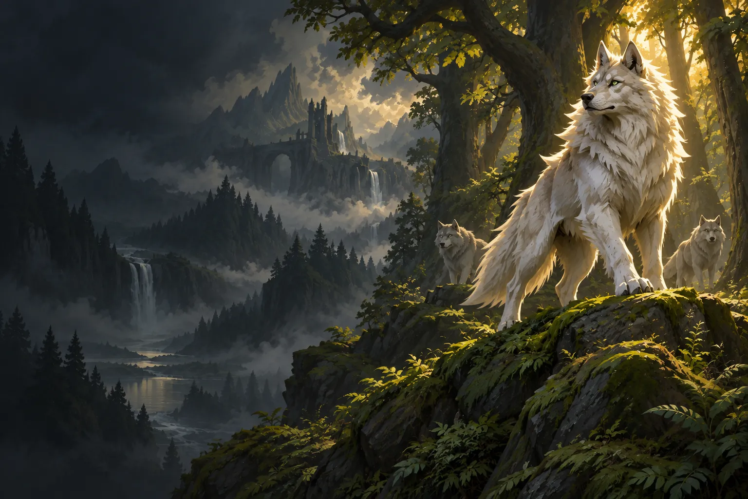 Une meute de loups blancs sur les hauteurs d’une forêt ancienne.